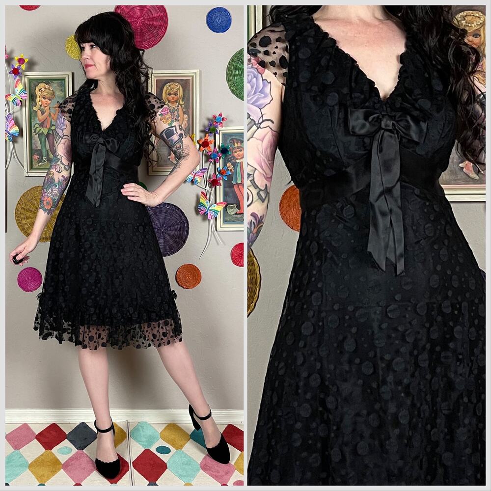 Vintage 1960s Black Polka Dot Tulle Ruffle Sleeveless Cocktail Dress